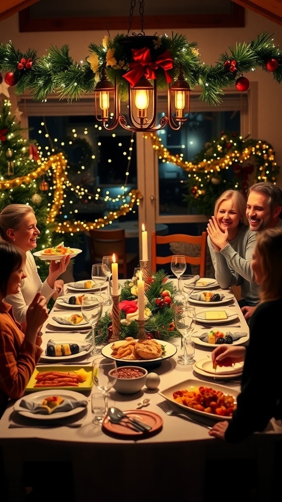 A festive Christmas dinner table with decorations and delicious food, showcasing family togetherness.
